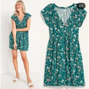 Old Navy Flutter Sleeve Mini Swing Dress Green Floral VNeck Pockets Women Small